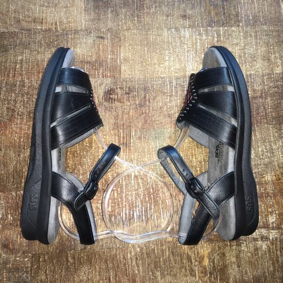 SAS Huarache Quarter Strap Sandal Womens 7 M Black Leather Southwest Woven - Picture 5 of 9